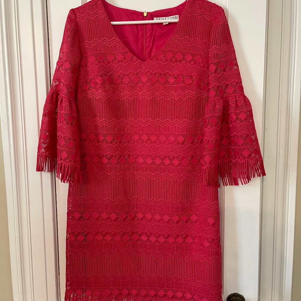 Trina Turk Lace Shift Dress Voyage Bell Sleeves Pink Grapefruit Color Size 2